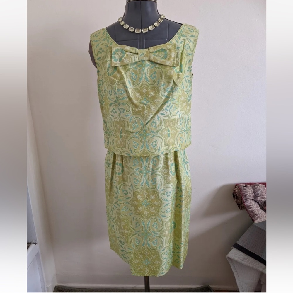 Vintage Sixties Silk Chartreuse, Blue & Gold Cocktail Dress Bow Front Van Ziang